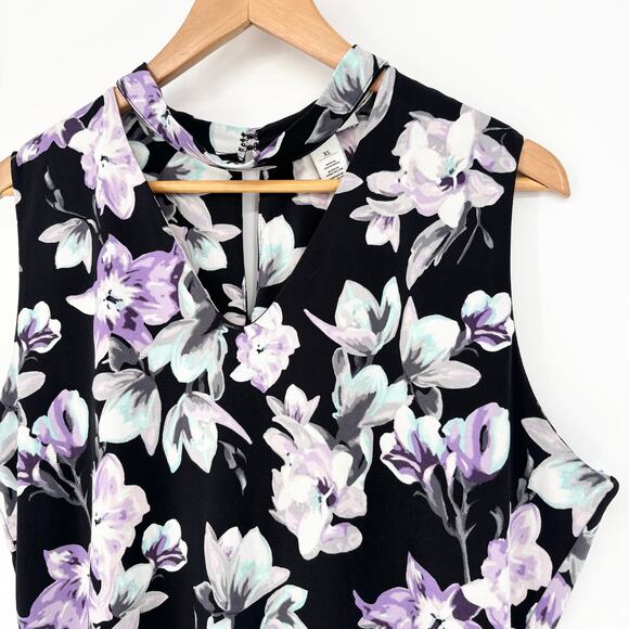 White House Black Market Black Teal Purple Floral Sleeveless Keyhole Top Size XL - Picture 4 of 7